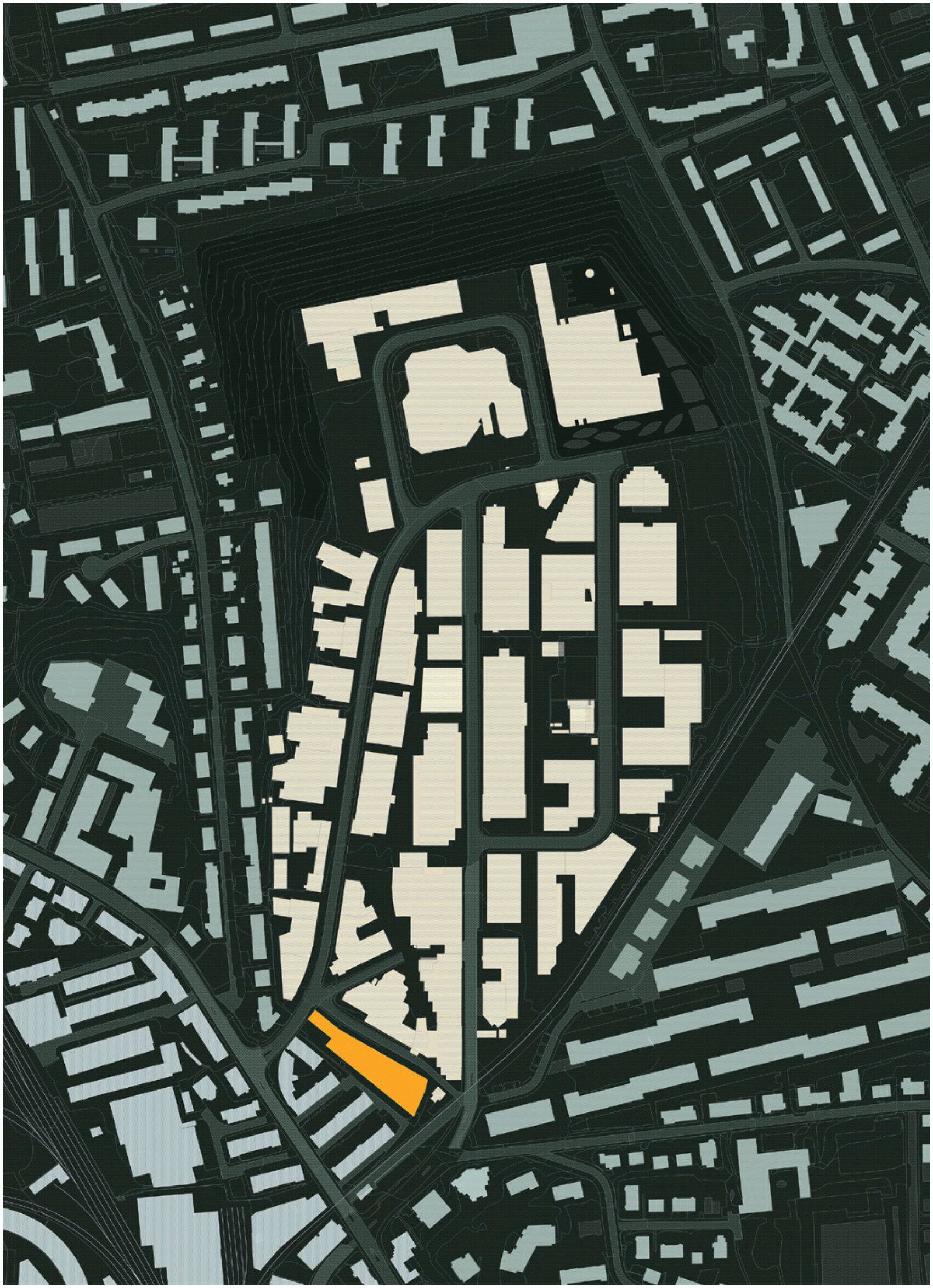 Site map with the project site marked in orange between industrial and residential zones