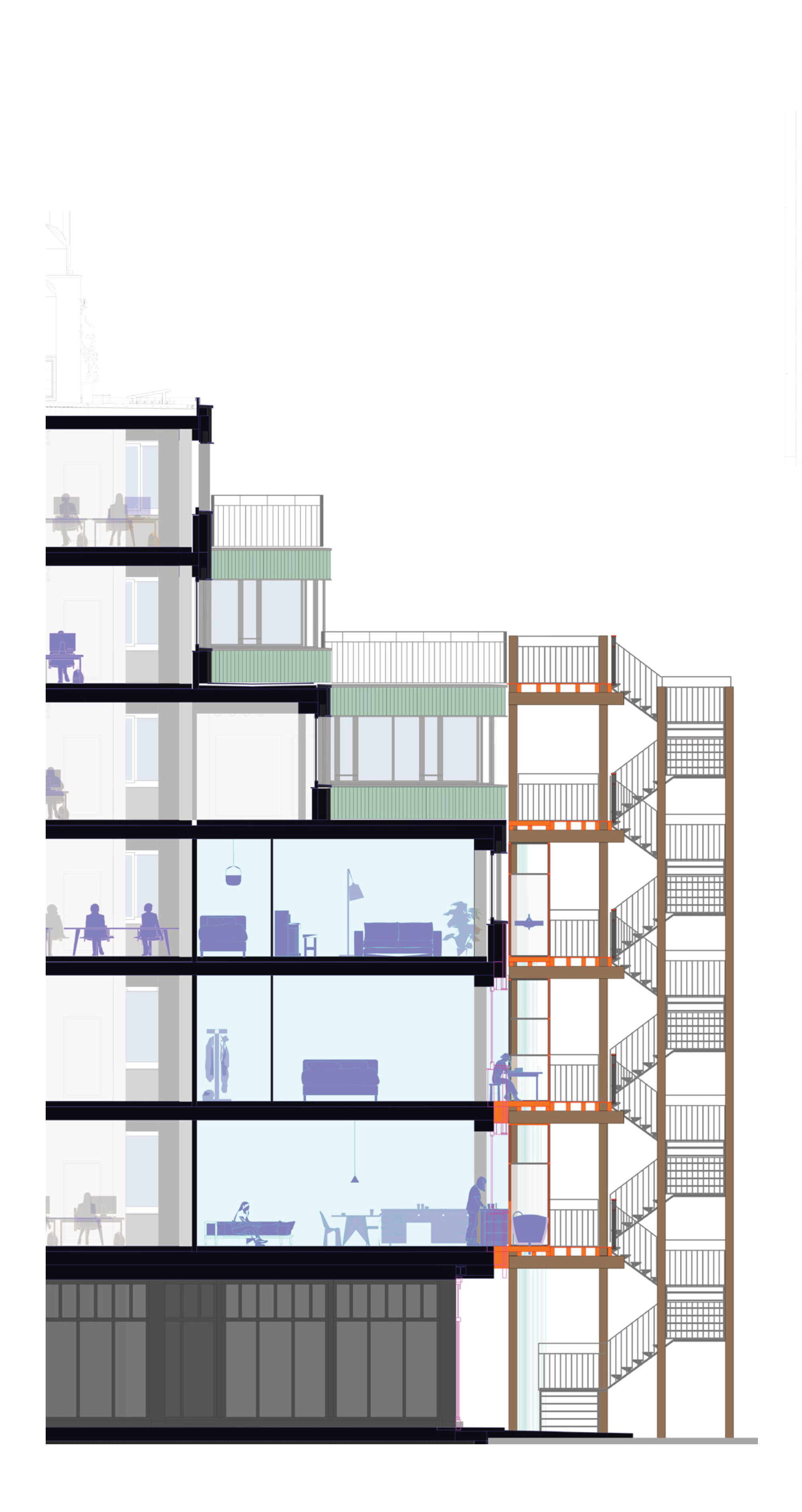 Cross section through the existing building and the added outer structure