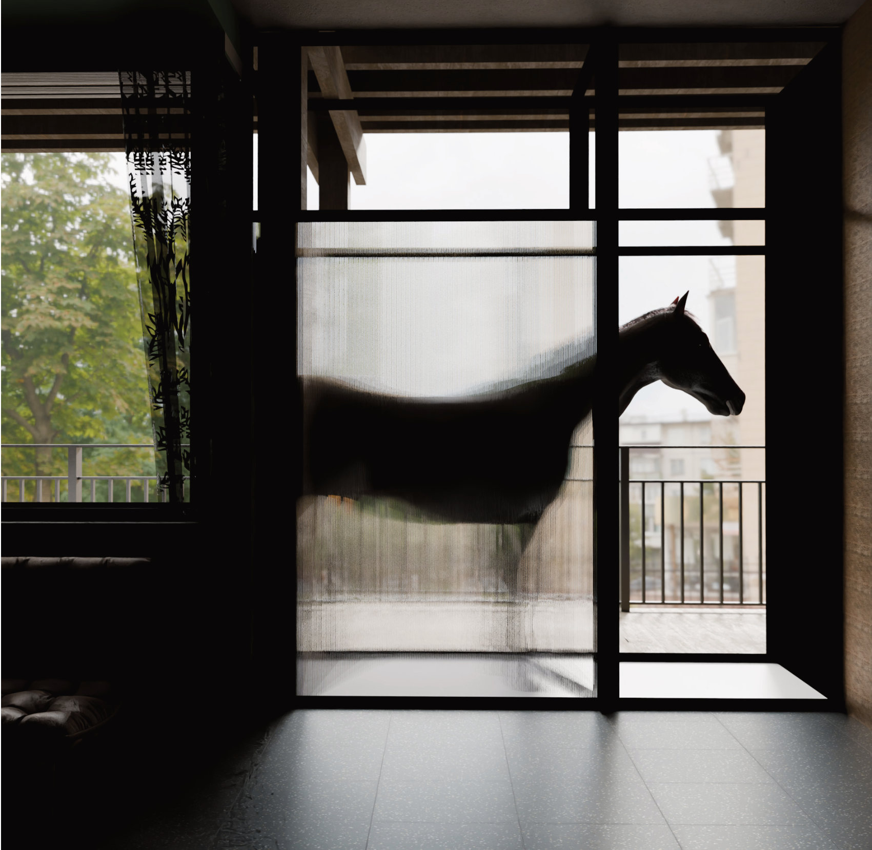 Render of a horse silhouette diffused behind a lenticular glass wall