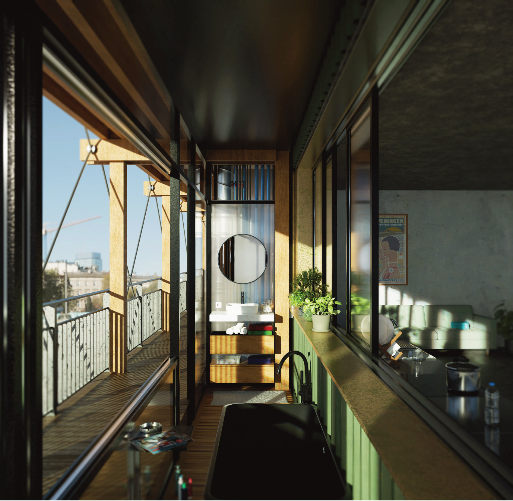 Interior mood render: bathroom band along the balcony layer in evening light