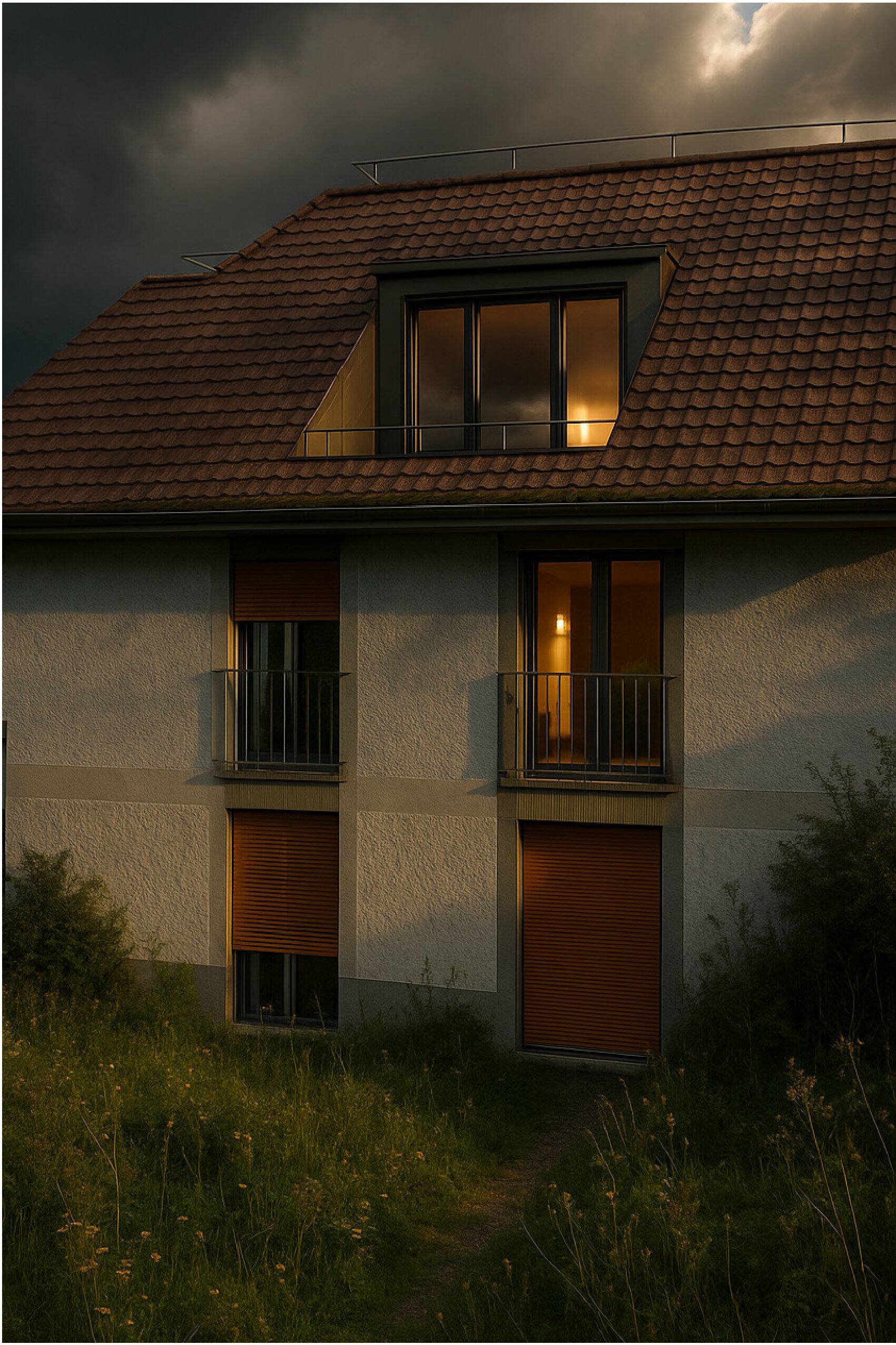 Aussenvisualisierung des Mehrfamilienhauses bei Gewitterstimmung