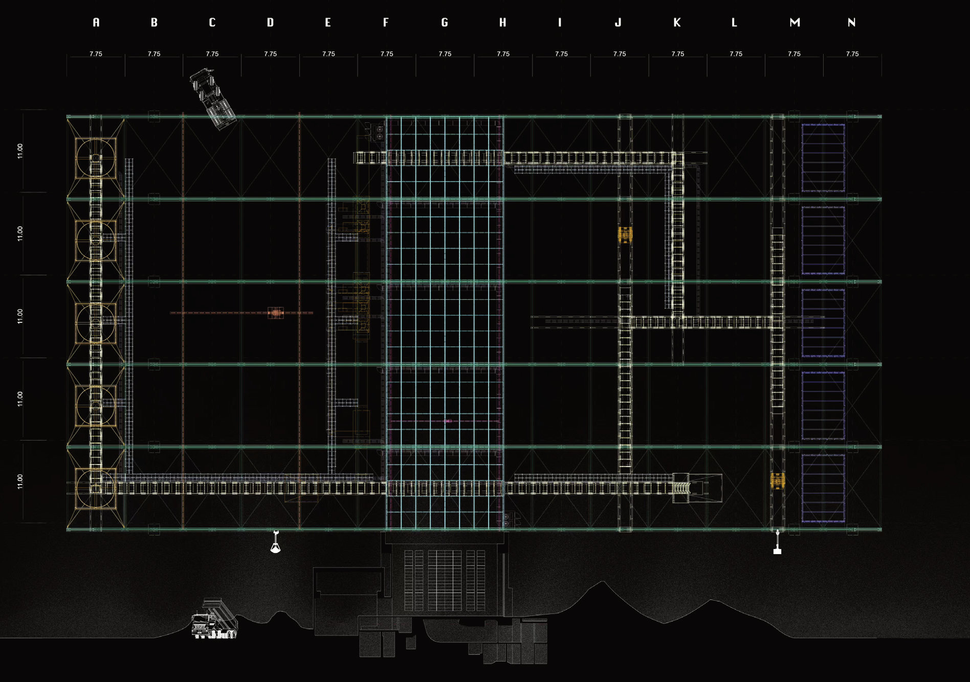 Technical drawing of the technical ceiling structure, white lines on black
