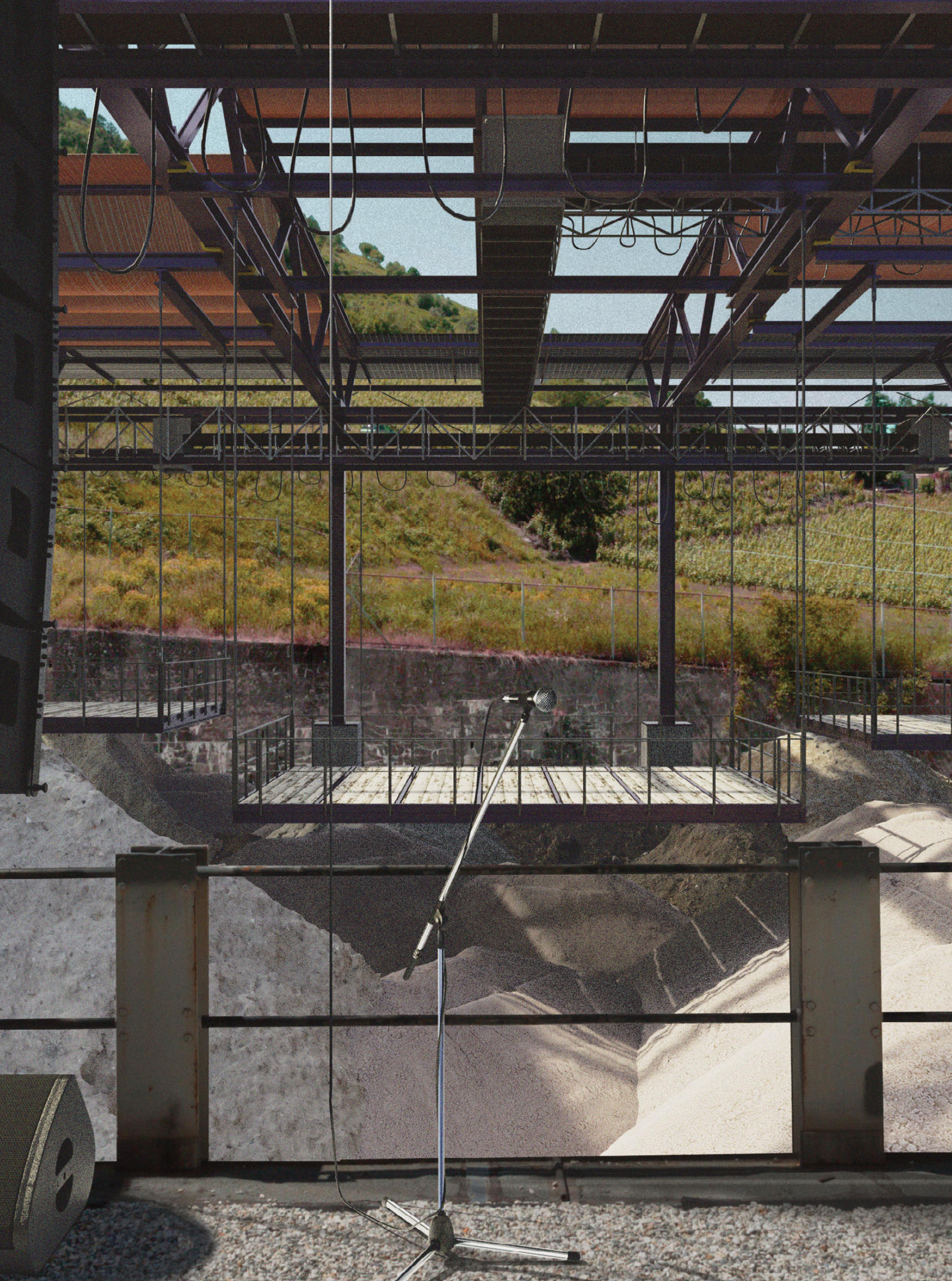 View from the stage through the steel structure onto the vineyards