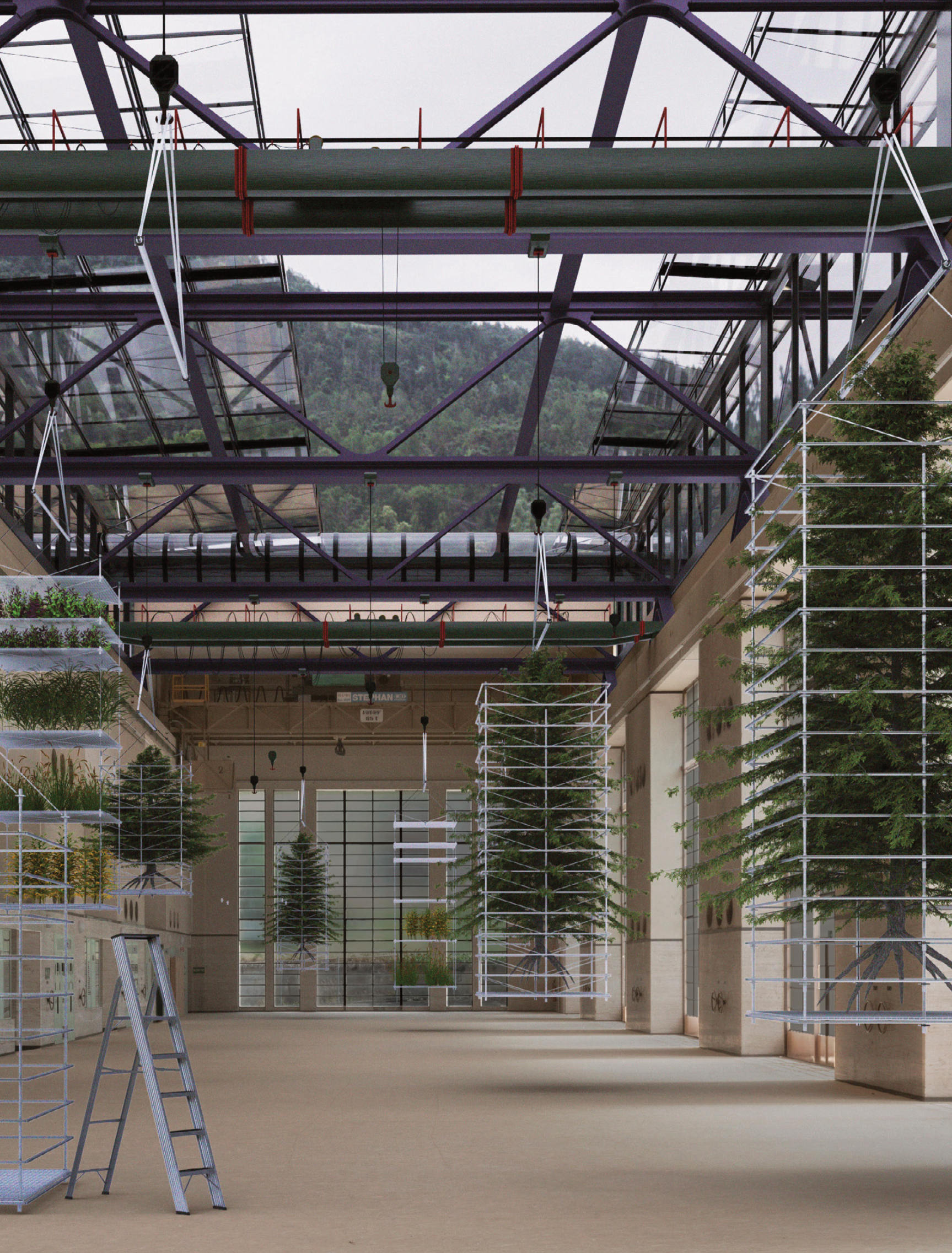 Machine hall interior with hanging plant racks and glass roof