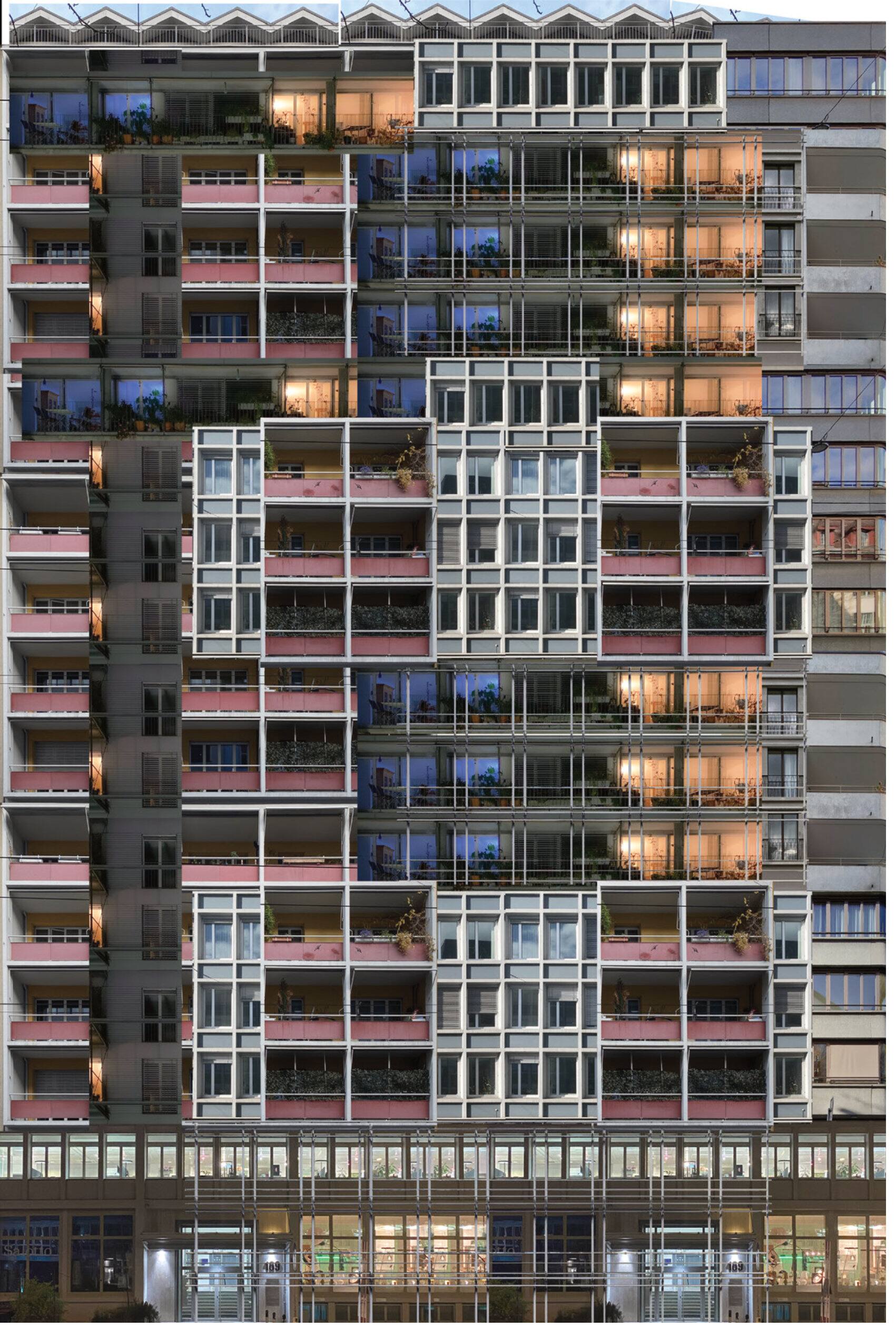 Collage of rearranged Zürich facade fragments into one building front