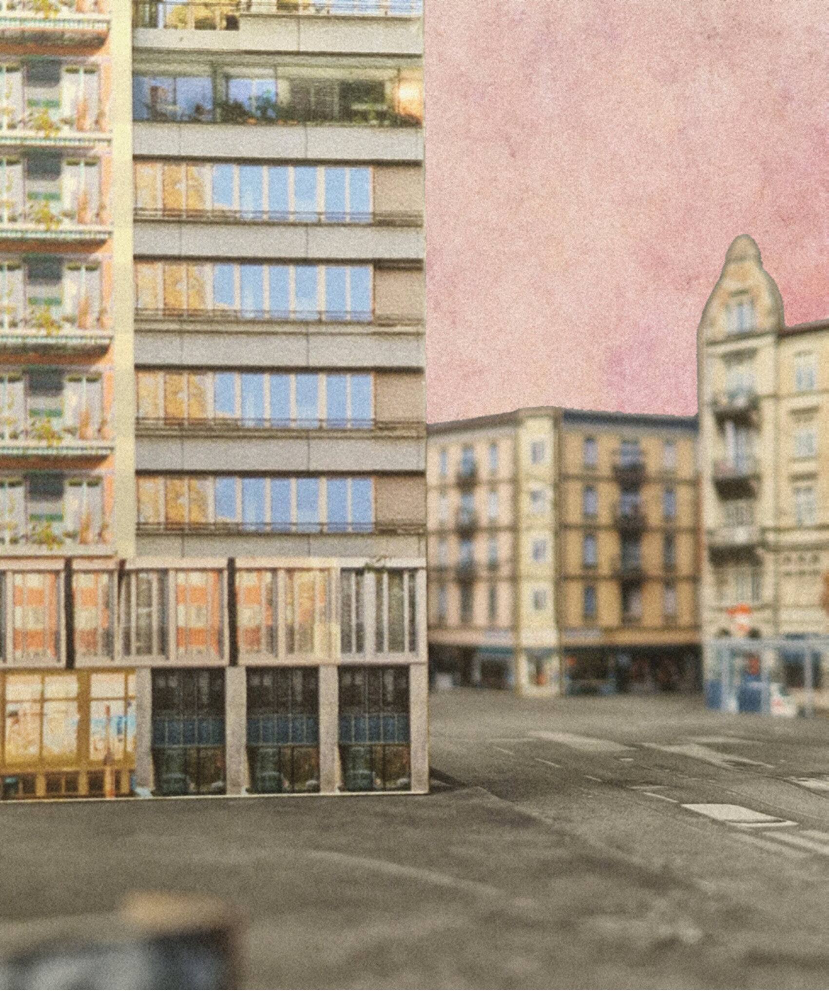 Model photo vis-à-vis: high-rise against pink sky